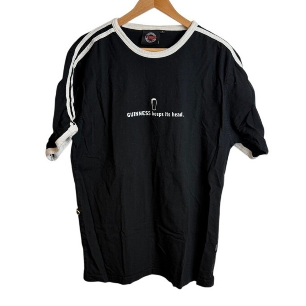 Guinness Mens Ringer‎ T-Shirt XL Black Keeps Its Head Graphic Y2K Retro Ireland